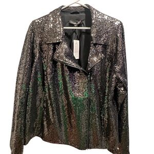 Colleen Lopez 1X Black Sequin Womens Moto Jacket w/ zipper